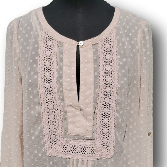 Daniel Rainn Dusty Rose Swiss Dot Crochet Bib Sheer Top Size Small - Picture 4 of 15